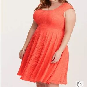 Torrid Neon Coral Lace Skater Dress with Scoop Neck Keyhole Back Size 2, 2X
